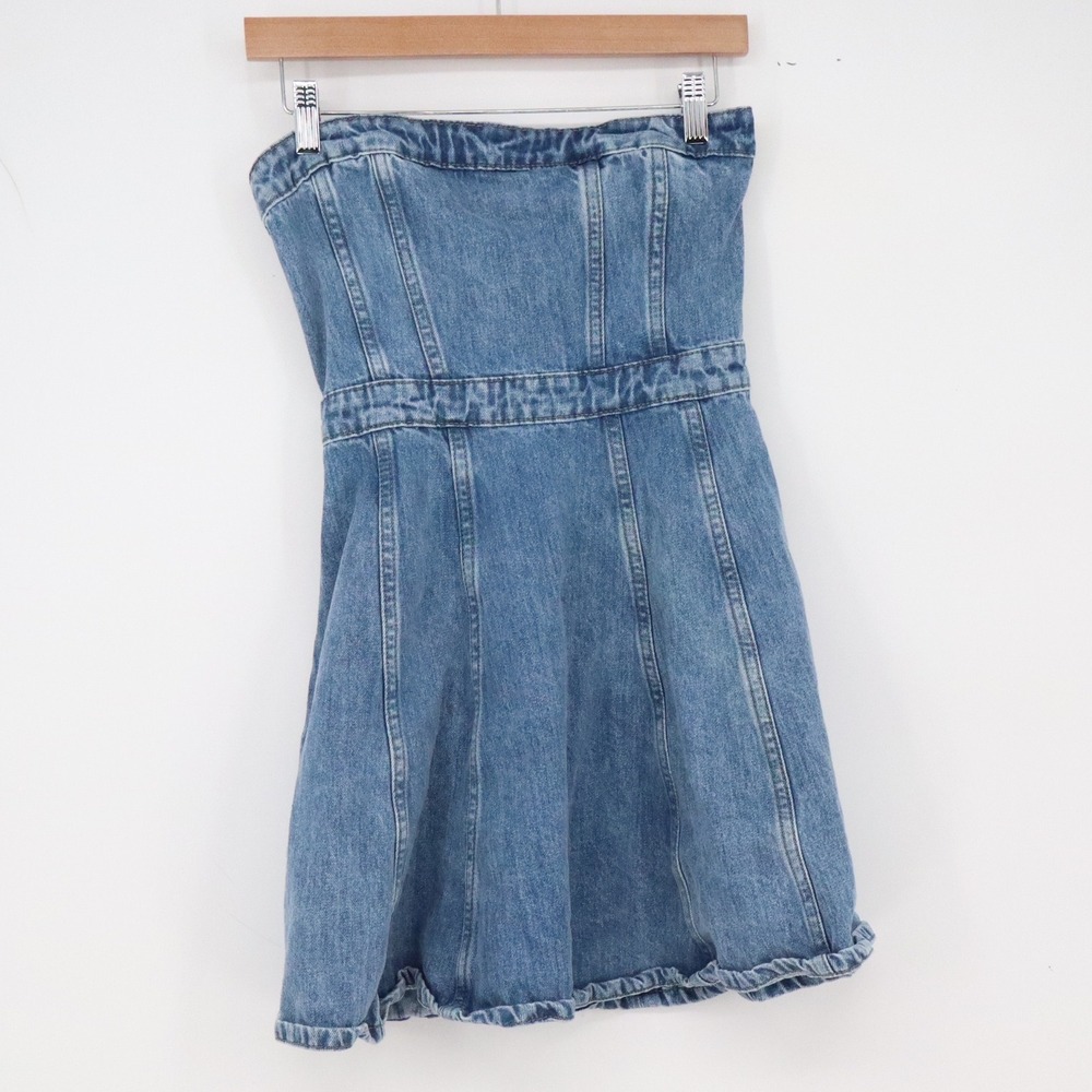 Lulus Mini Dress Womens S Strapless Fit & Flare Blue Denim Panelled Excellent